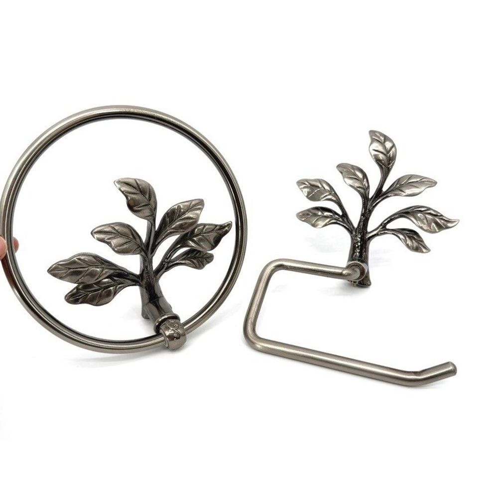 Augustine Metal Pewter Leaf Towel Ring & Toilet Paper Holder Earthy Boho Nature
